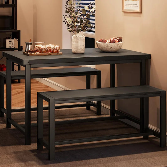 Dining Table Set for 4, Kitchen Table with Benches, Rectangular Dining Room Table Set with 2 Metal Wood Benches, 3 Piece Dining