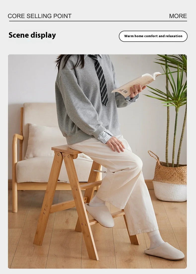 Household Solid Wood Folding Ladder Folding Chair Thickened Climbing Wooden Step Stool (Natural Wood Color)