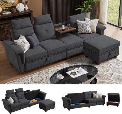 110" Convertible L-Shaped Sectional Sofa | 4-Seat Couch with Ottoman, Storage & Cup Holders