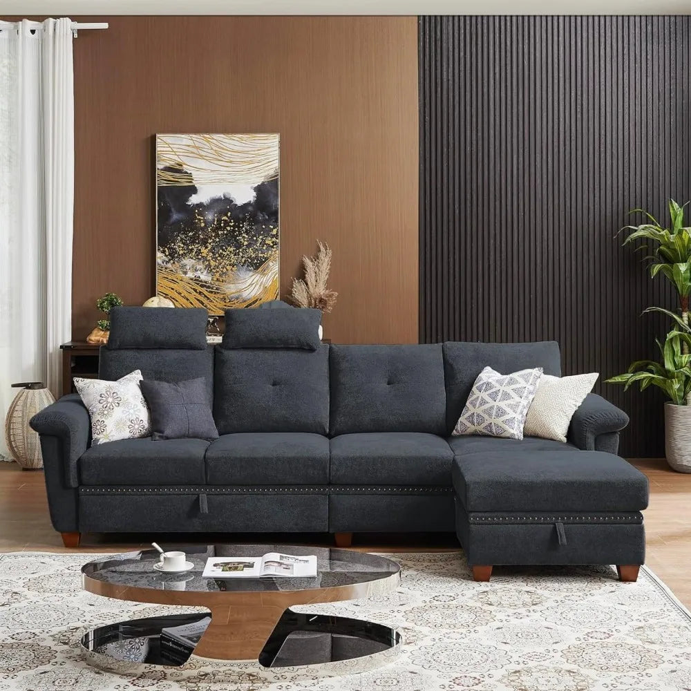110" Convertible L-Shaped Sectional Sofa | 4-Seat Couch with Ottoman, Storage & Cup Holders