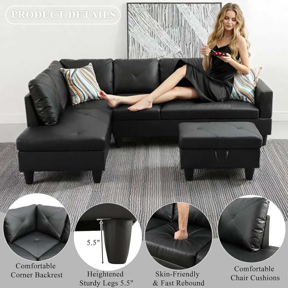 Sectional Sofa Couch,97" Modern 6-Seaters Living Room Sets with Left Facing Chaise Lounge, Movable Ottoman & 2 Pillows L Shaped