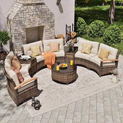 9 Piece Outdoor Patio Furniture Set, Half-Moon Curved Sectional Sofa Rattan Conversation Set with Wood Armrests, Coffee Table