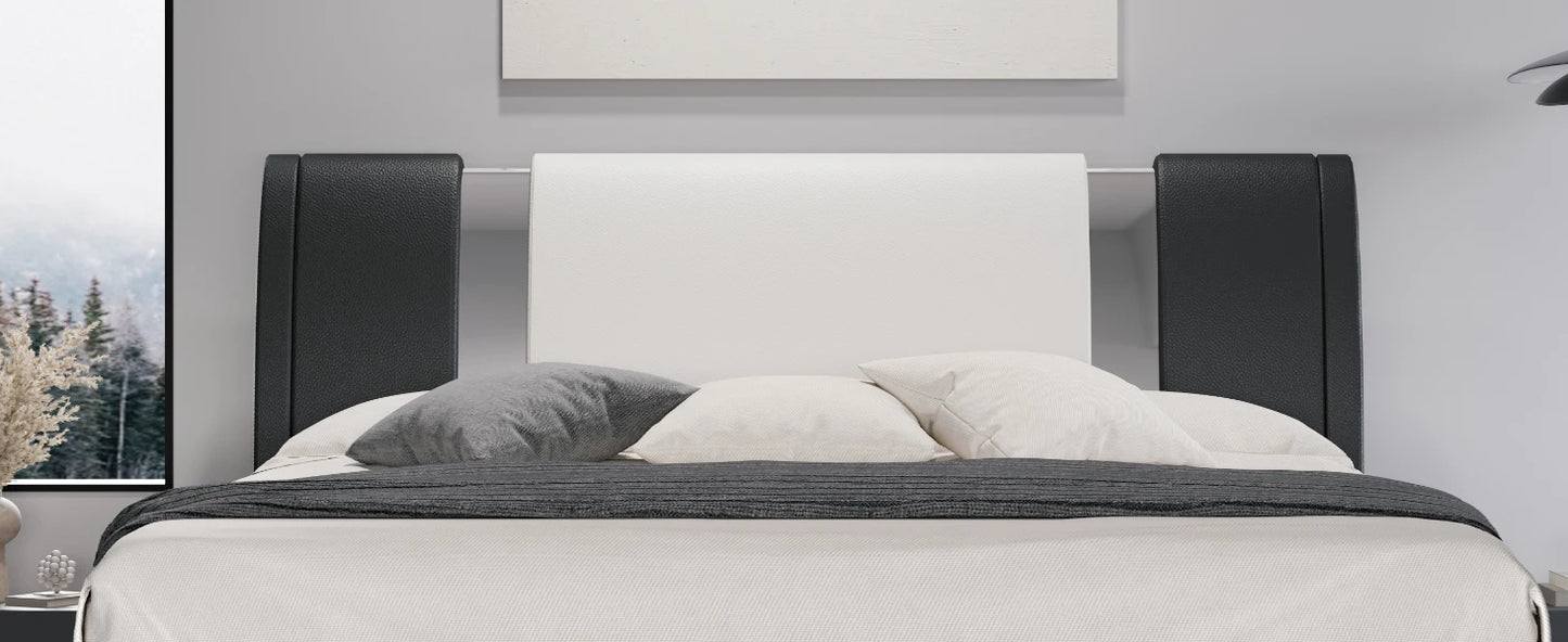 HOOMIC Modern Faux Leather Bed Frame with Iron Pieces Decor, Low Profile Platform Bed with Height-Adjustable Headboard
