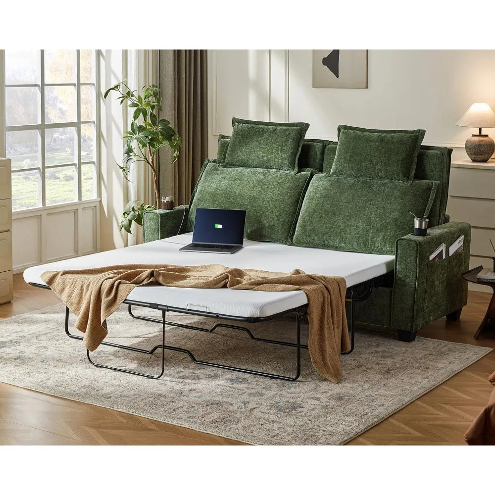 2-in-1 Pull-Out Sofa Bed, Convertible Chenille Sofa with 20W Fast Charging, LED Light, Foam Couch Layered Cushion Trim