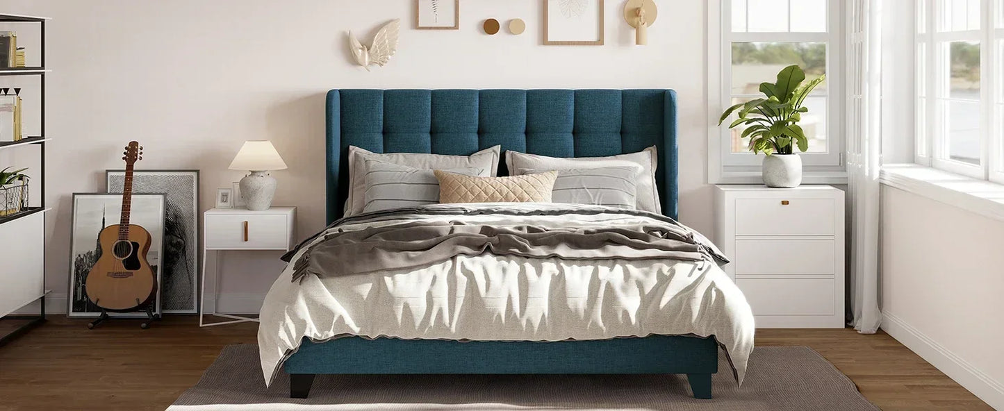 Fabric Upholstered Square Stitched Headboard and Wooden Slats Beds and Furniture for Home Mattress Basics Wingback Bed Set Frame