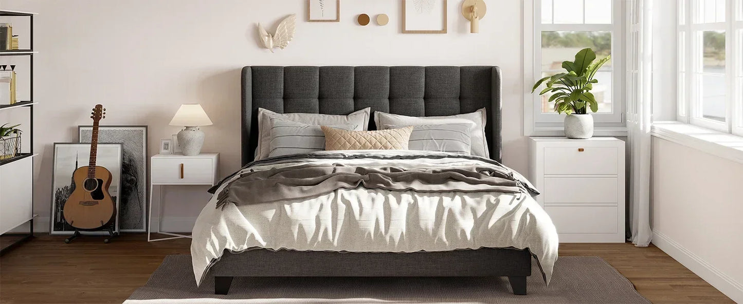Fabric Upholstered Square Stitched Headboard and Wooden Slats Beds and Furniture for Home Mattress Basics Wingback Bed Set Frame