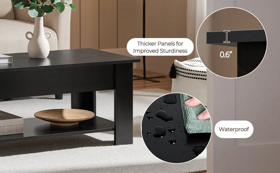 coffee Table with Hidden Compartment and Storage Shelf, Rising Tabletop Dining Table for Living Room Reception Room, 47.5in L, B