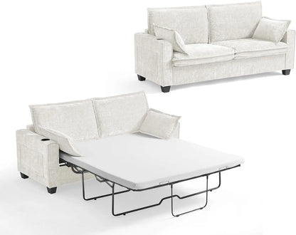 2-in-1 Pull-Out Sofa Bed, Convertible Chenille Sofa with 20W Fast Charging, LED Light, Foam Couch Layered Cushion Trim
