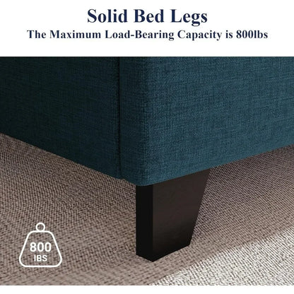 Fabric Upholstered Square Stitched Headboard and Wooden Slats Beds and Furniture for Home Mattress Basics Wingback Bed Set Frame