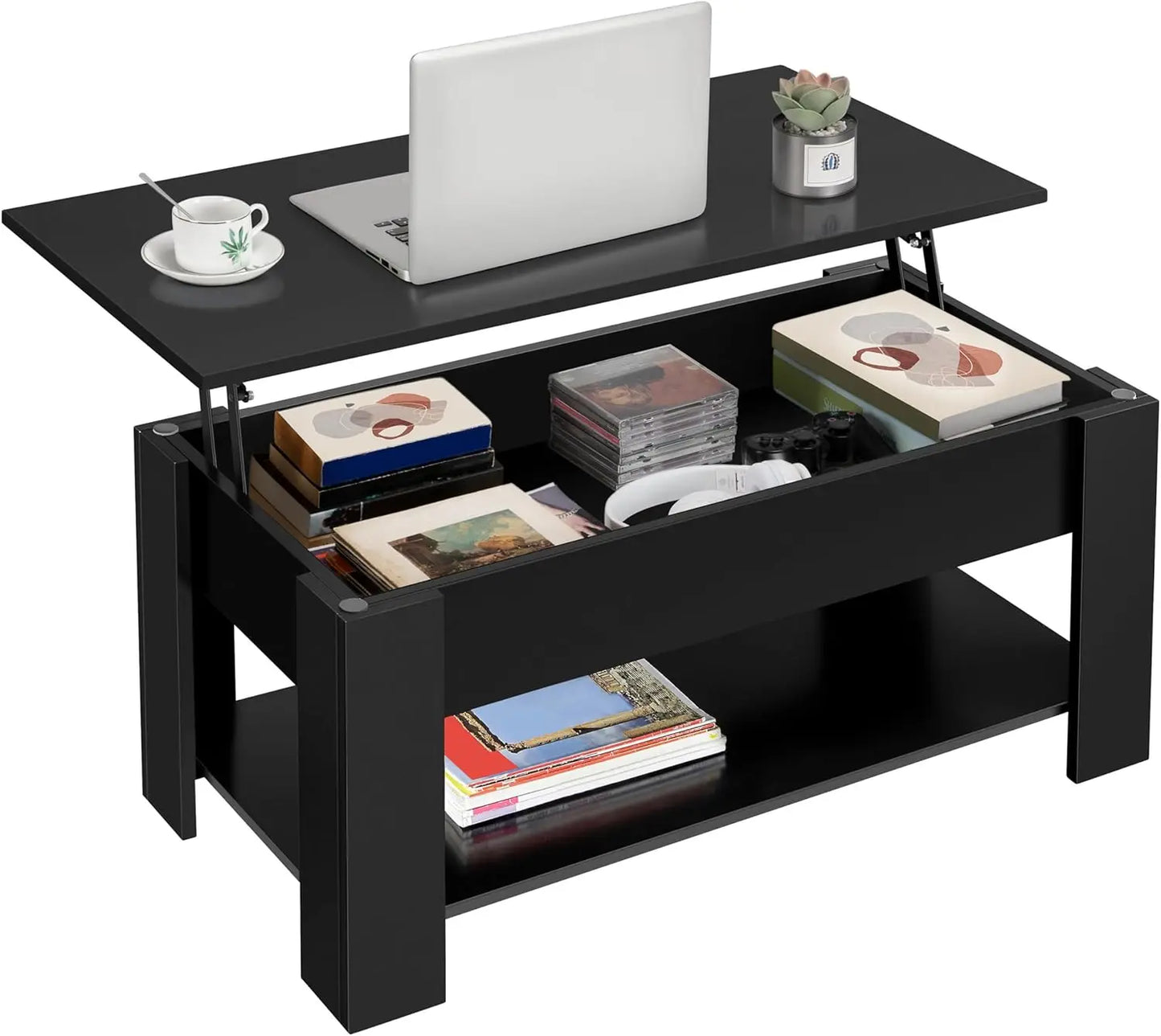 coffee Table with Hidden Compartment and Storage Shelf, Rising Tabletop Dining Table for Living Room Reception Room, 47.5in L, B