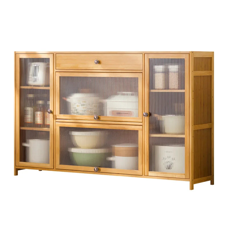 Kitchen shelves Floor-to-ceiling multi-layer storage cabinets with doors, cabinets, dishes, pots and pans, electrical appliances