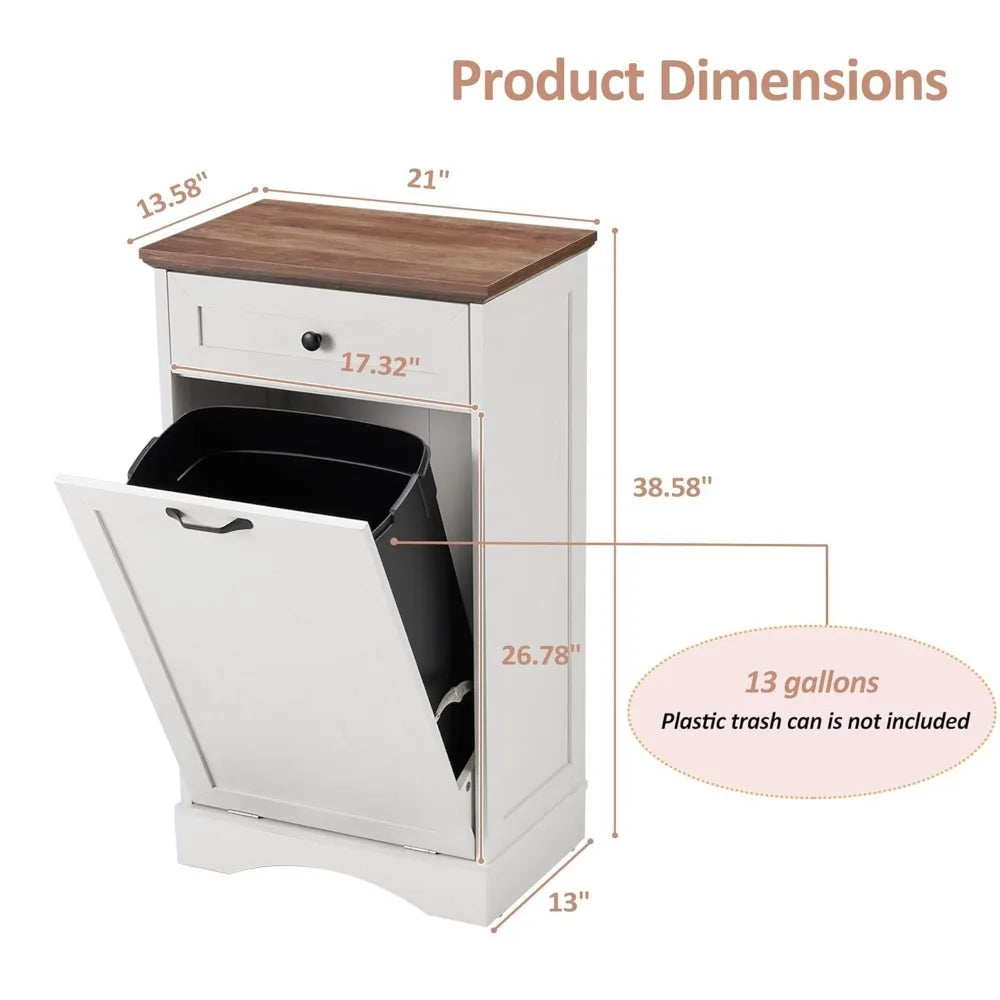 13 Gallons Tilt Out Trash Cabinet Freestanding Kitchen Trash Bin Cabinet Wood Garbage Recycling Cabinet with Hideaway Drawer Pet