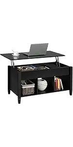 coffee Table with Hidden Compartment and Storage Shelf, Rising Tabletop Dining Table for Living Room Reception Room, 47.5in L, B