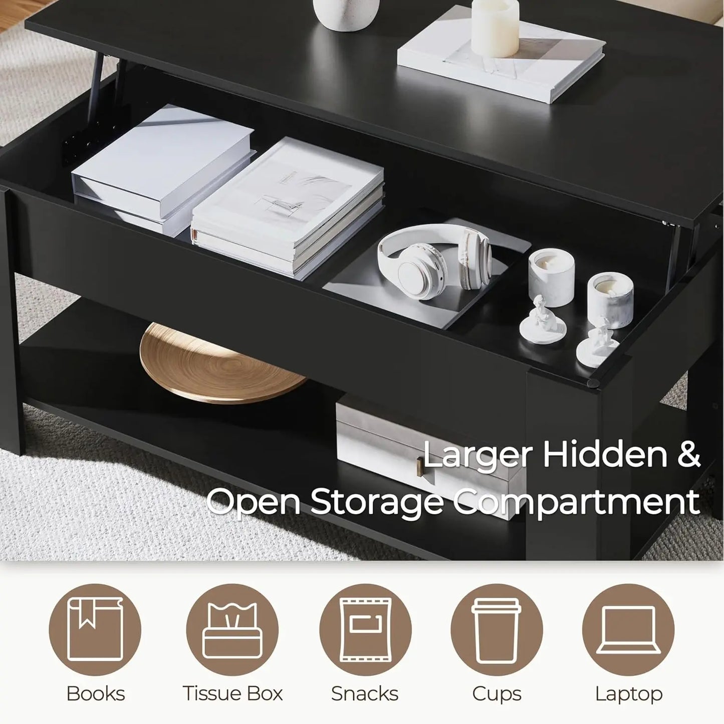 coffee Table with Hidden Compartment and Storage Shelf, Rising Tabletop Dining Table for Living Room Reception Room, 47.5in L, B