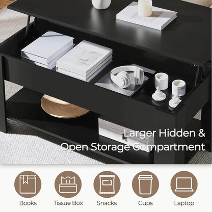 coffee Table with Hidden Compartment and Storage Shelf, Rising Tabletop Dining Table for Living Room Reception Room, 47.5in L, B