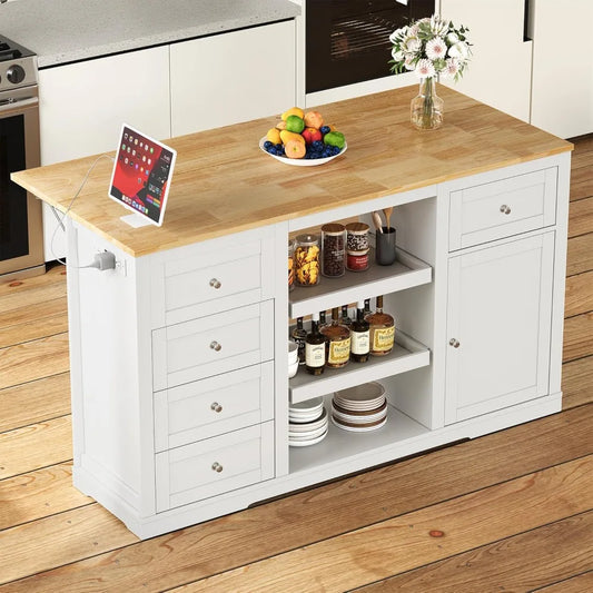 Kitchen Island with Storage and Drop Leaf, Island Table for Kitchen, Coffee Station Cabinet with Rubber Wood Top