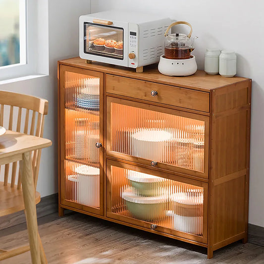 Kitchen shelves Floor-to-ceiling multi-layer storage cabinets with doors, cabinets, dishes, pots and pans, electrical appliances