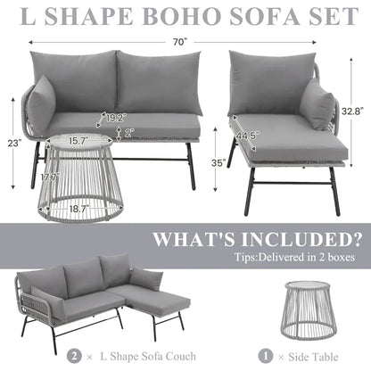 3-Piece Outdoor Patio Furniture Set, L-Shaped Rattan Sectional Sofa with Thick Cushions, Glass Coffee Table