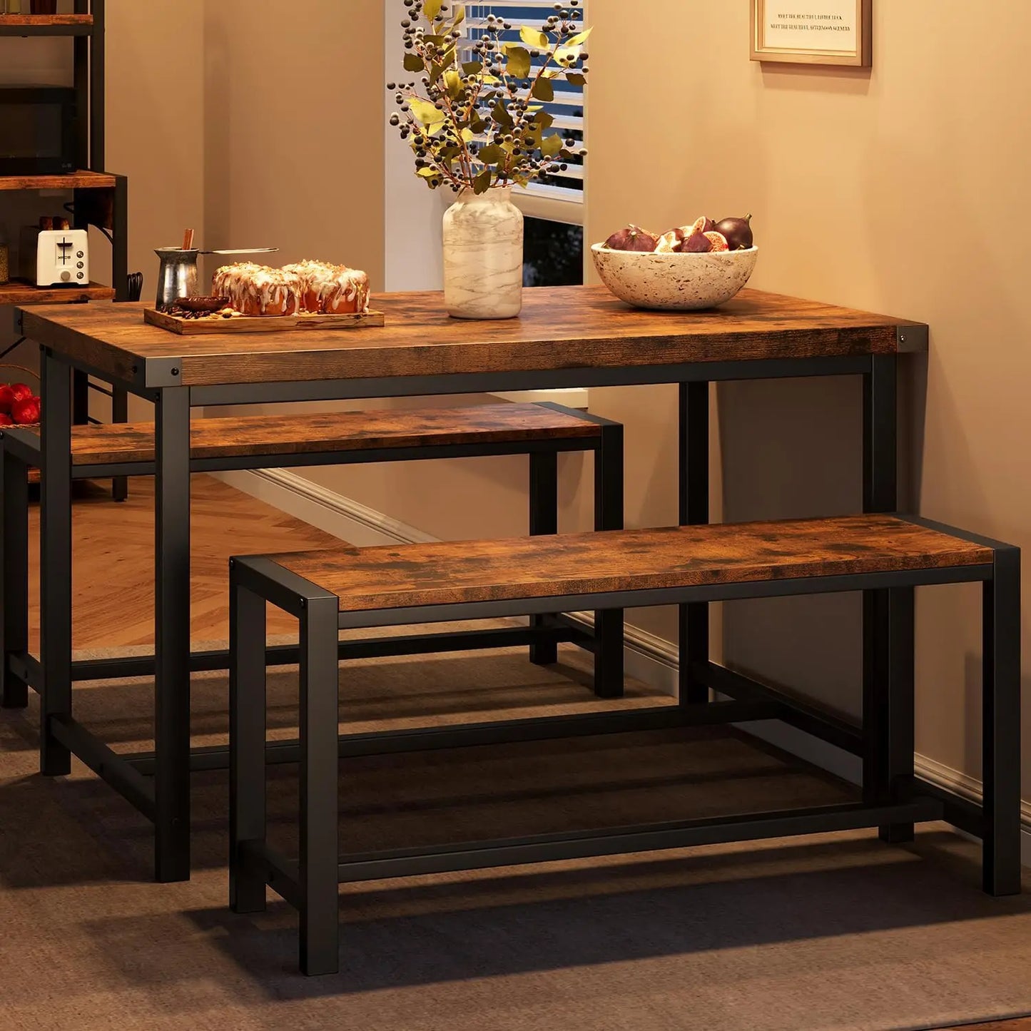 Dining Table Set for 4, Kitchen Table with Benches, Rectangular Dining Room Table Set with 2 Metal Wood Benches, 3 Piece Dining