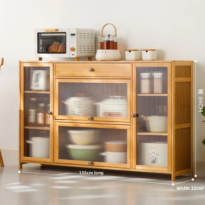 Kitchen shelves Floor-to-ceiling multi-layer storage cabinets with doors, cabinets, dishes, pots and pans, electrical appliances