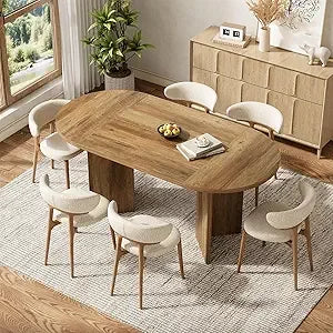 63" Rustic Oval Dining Table for 4-6, Sturdy MDF Farmhouse Kitchen Table with Metal Strip Base, for Living Room, Office, Restau
