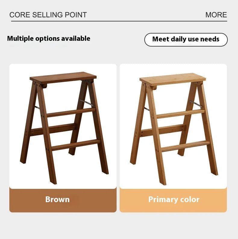 Household Solid Wood Folding Ladder Folding Chair Thickened Climbing Wooden Step Stool (Natural Wood Color)