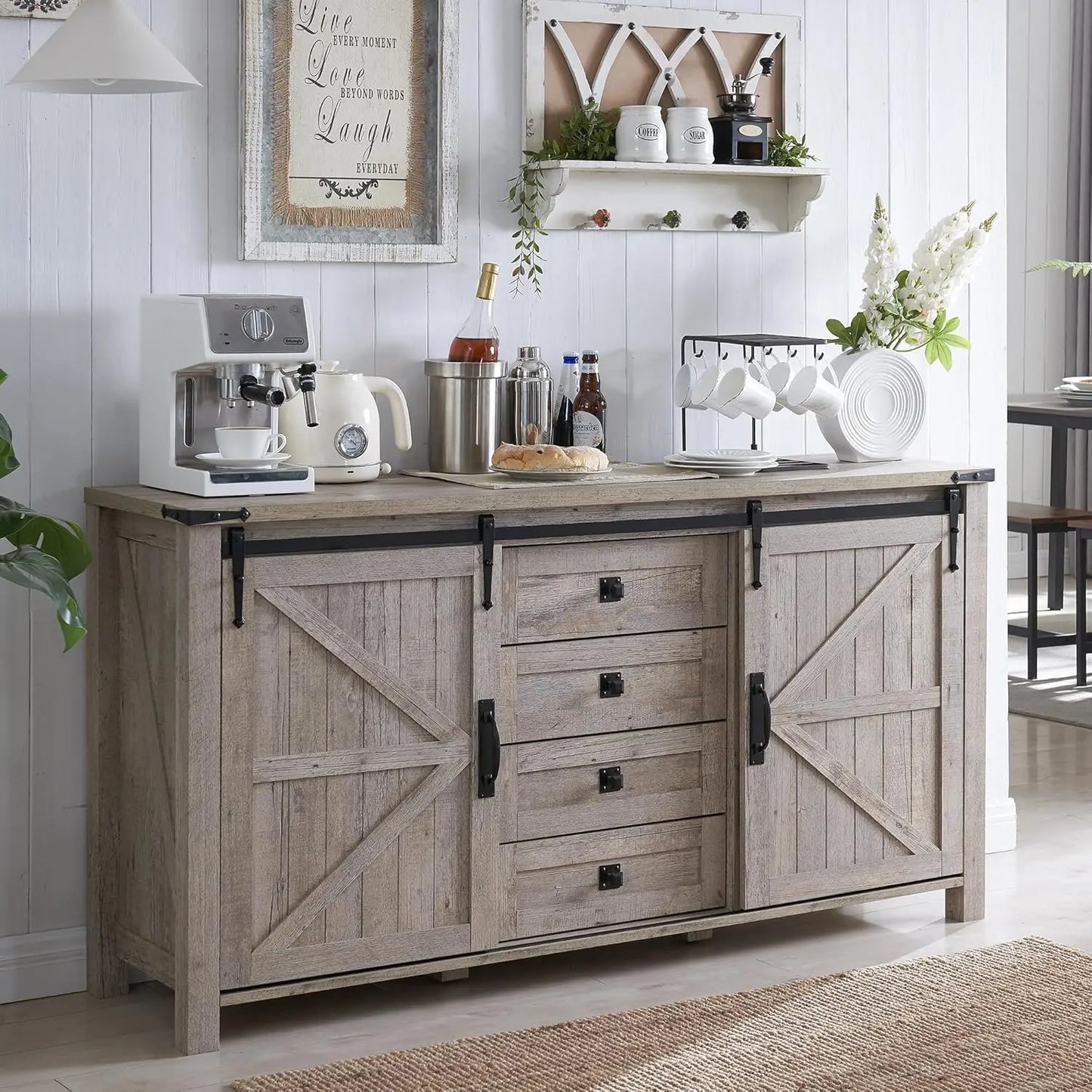 Farmhouse Sideboard Buffet Cabinet with Storage, 60" Large Kitchen Cabinet w/Sliding Barn Doors and 4 Drawers, 31.2'' Tall Wood