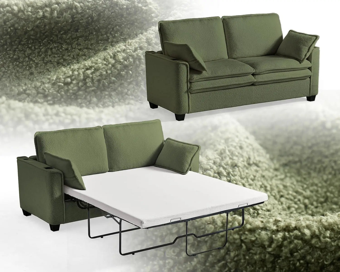 2-in-1 Pull-Out Sofa Bed, Convertible Chenille Sofa with 20W Fast Charging, LED Light, Foam Couch Layered Cushion Trim