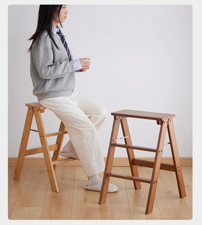 Household Solid Wood Folding Ladder Folding Chair Thickened Climbing Wooden Step Stool (Natural Wood Color)