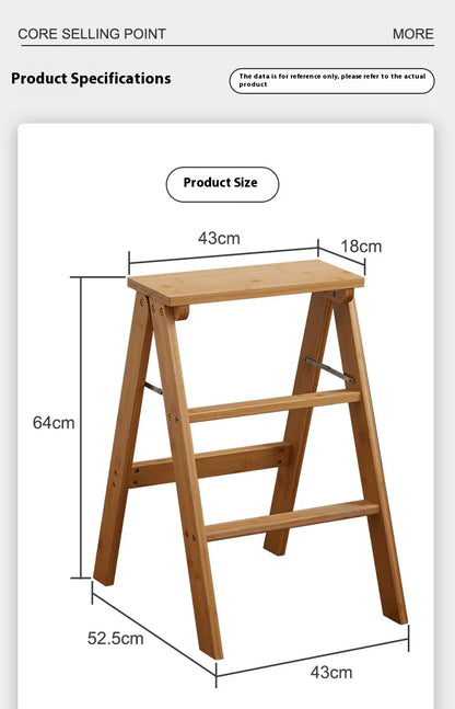 Household Solid Wood Folding Ladder Folding Chair Thickened Climbing Wooden Step Stool (Natural Wood Color)