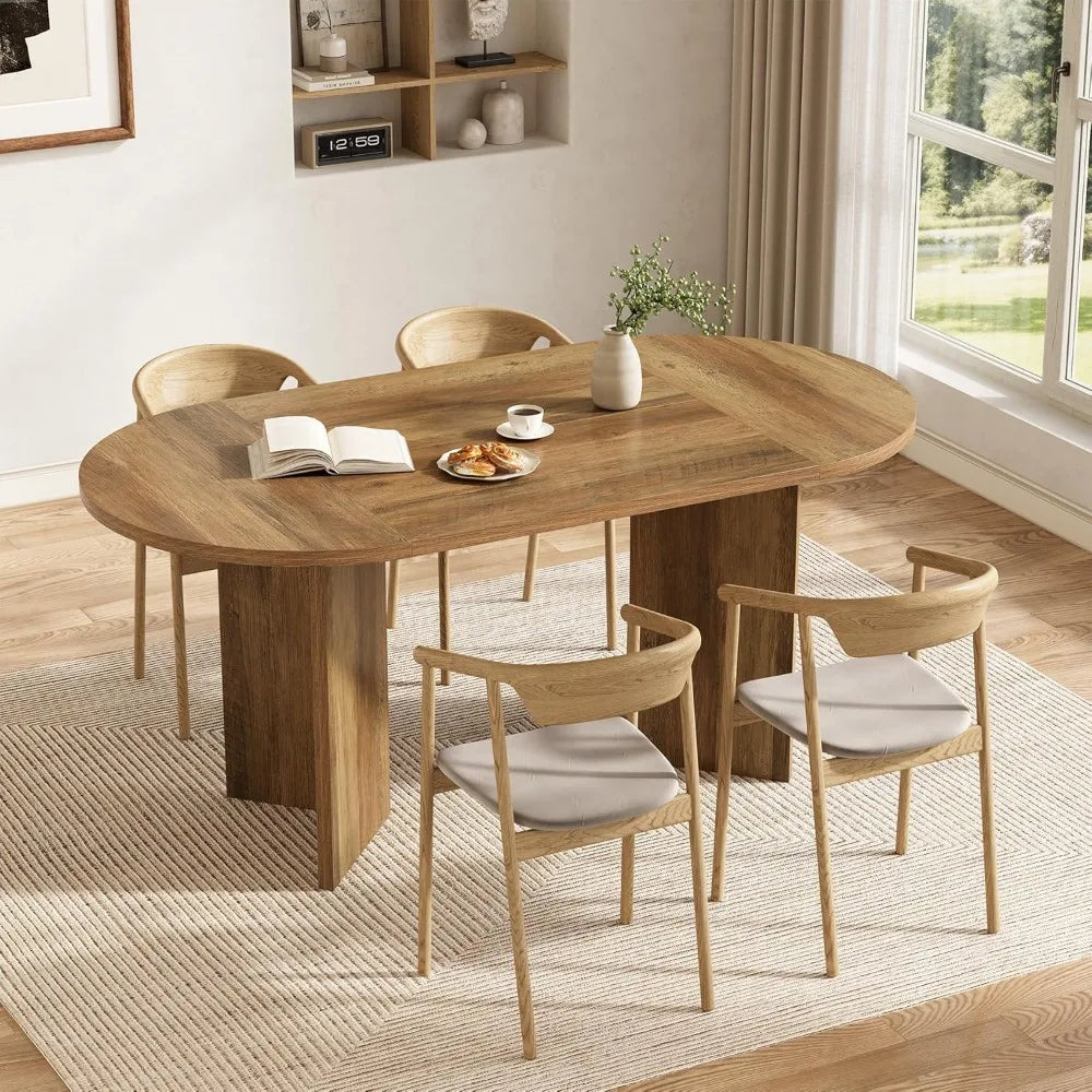63" Rustic Oval Dining Table for 4-6, Sturdy MDF Farmhouse Kitchen Table with Metal Strip Base, for Living Room, Office, Restau