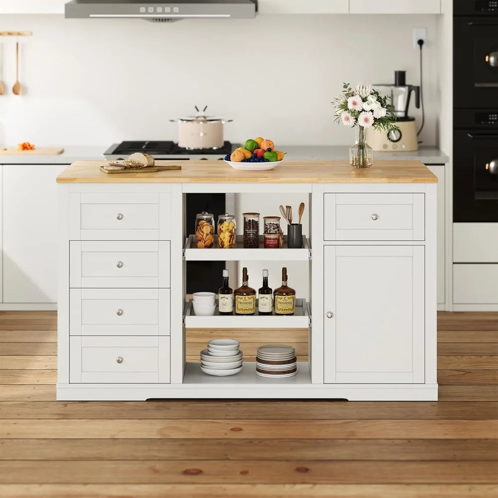 Kitchen Island with Storage and Drop Leaf, Island Table for Kitchen, Coffee Station Cabinet with Rubber Wood Top