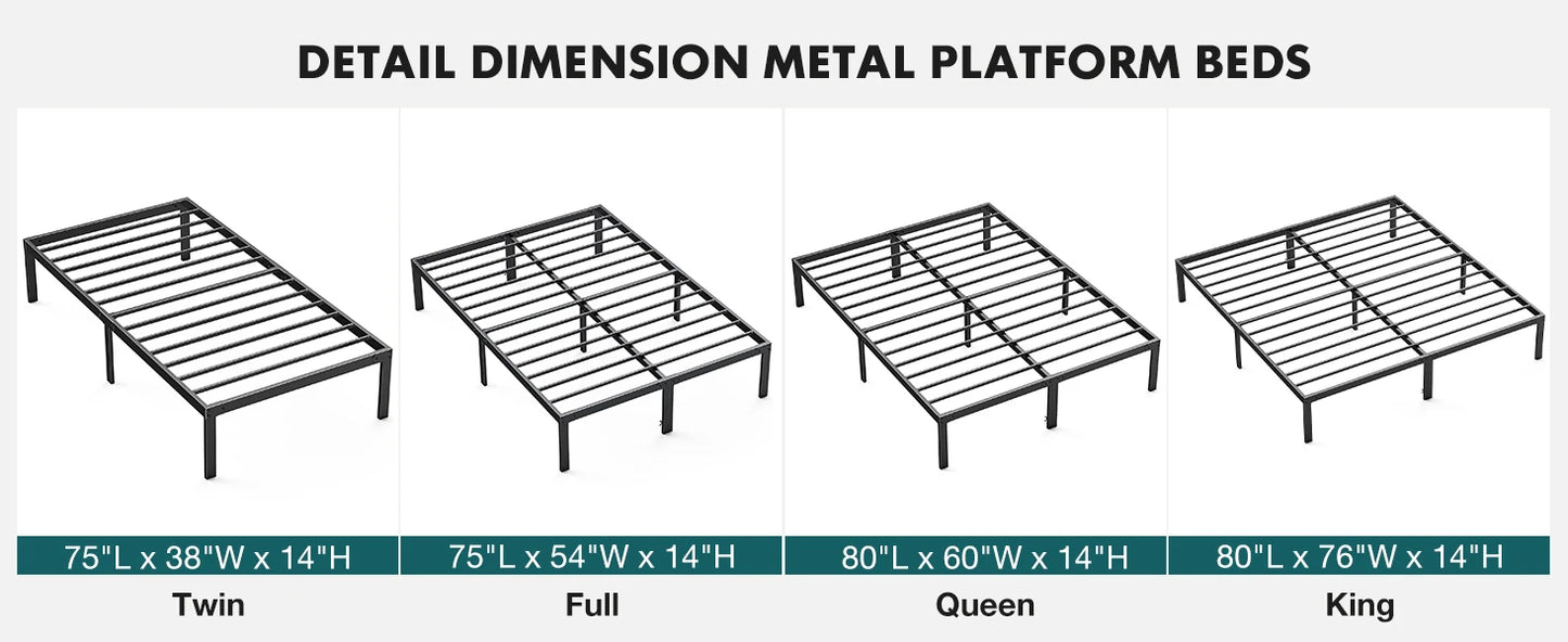 JHK Basic Twin Full Queen King Size Bed Frame Metal Platform Bedroom Frames with Storage Space Sturdy Steel Slat Support 350LBS