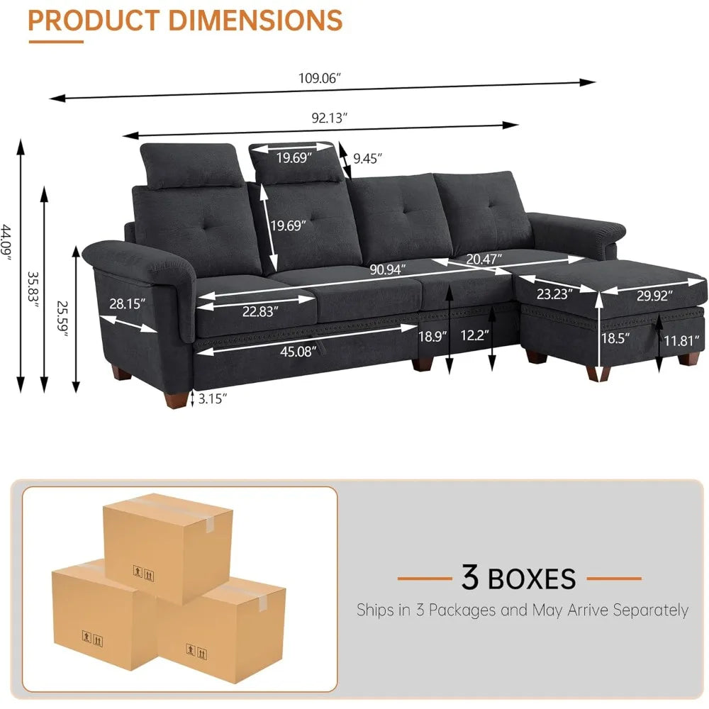 110" Convertible L-Shaped Sectional Sofa | 4-Seat Couch with Ottoman, Storage & Cup Holders