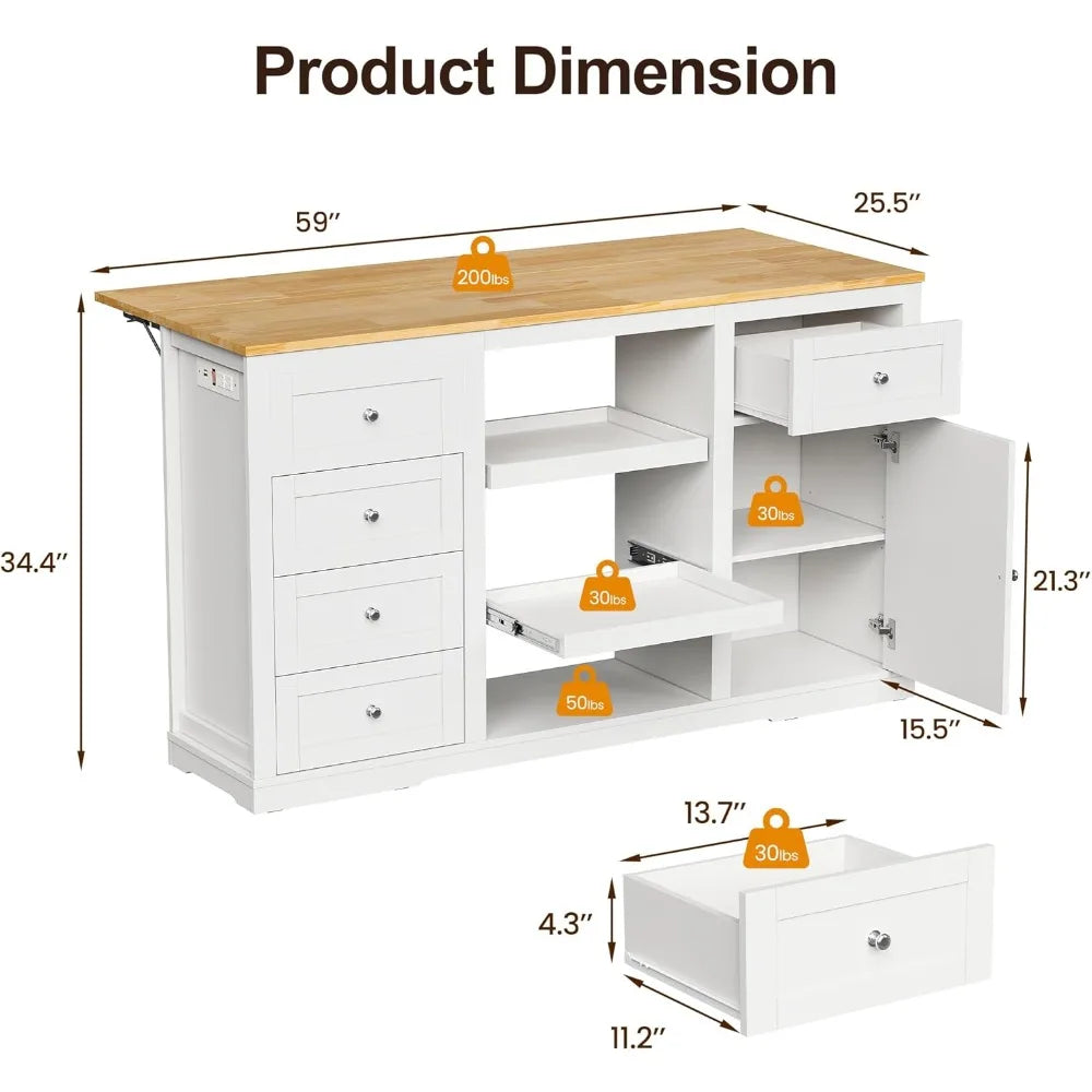 Kitchen Island with Storage and Drop Leaf, Island Table for Kitchen, Coffee Station Cabinet with Rubber Wood Top