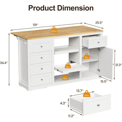 Kitchen Island with Storage and Drop Leaf, Island Table for Kitchen, Coffee Station Cabinet with Rubber Wood Top
