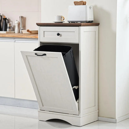 13 Gallons Tilt Out Trash Cabinet Freestanding Kitchen Trash Bin Cabinet Wood Garbage Recycling Cabinet with Hideaway Drawer Pet