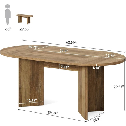 63" Rustic Oval Dining Table for 4-6, Sturdy MDF Farmhouse Kitchen Table with Metal Strip Base, for Living Room, Office, Restau