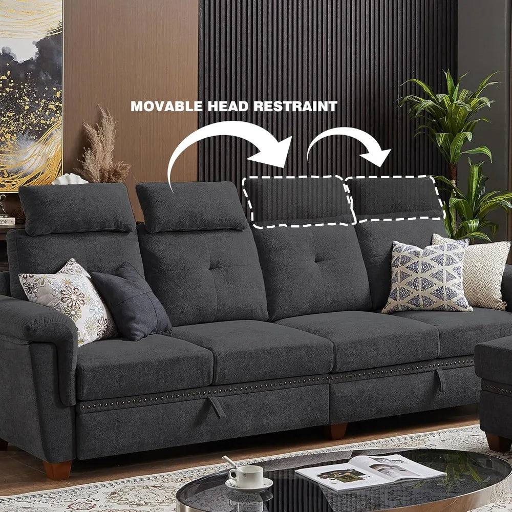 110" Convertible L-Shaped Sectional Sofa | 4-Seat Couch with Ottoman, Storage & Cup Holders
