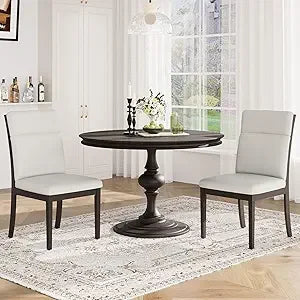 Upholstered Dining Chairs Set of 4, PU Leather Ladder High Back Dining Room Kitchen Side Chair with Adjustable Foot Pegs, Dark