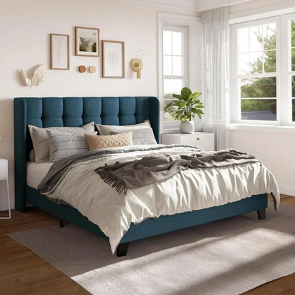 Fabric Upholstered Square Stitched Headboard and Wooden Slats Beds and Furniture for Home Mattress Basics Wingback Bed Set Frame