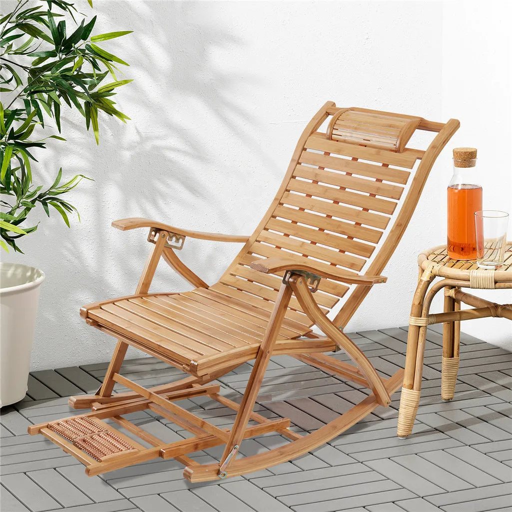 Heavy Duty Bamboo Rocking Chair Adjustable Lounge Recliner Leisure Living Room