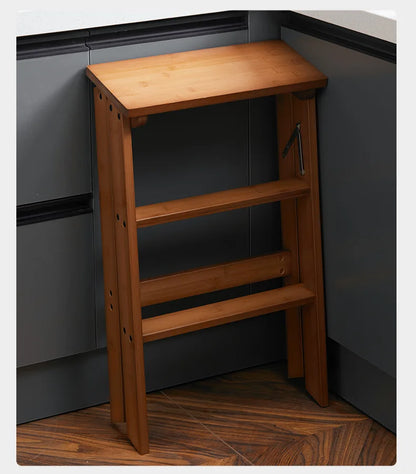 Household Solid Wood Folding Ladder Folding Chair Thickened Climbing Wooden Step Stool (Natural Wood Color)