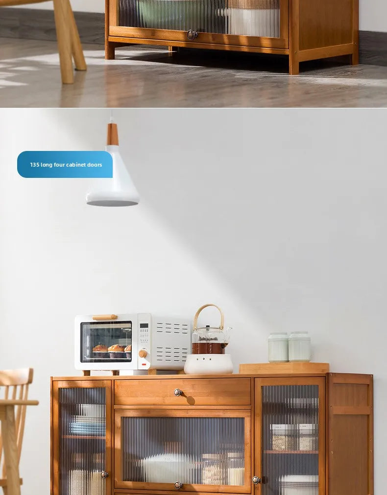 Kitchen shelves Floor-to-ceiling multi-layer storage cabinets with doors, cabinets, dishes, pots and pans, electrical appliances