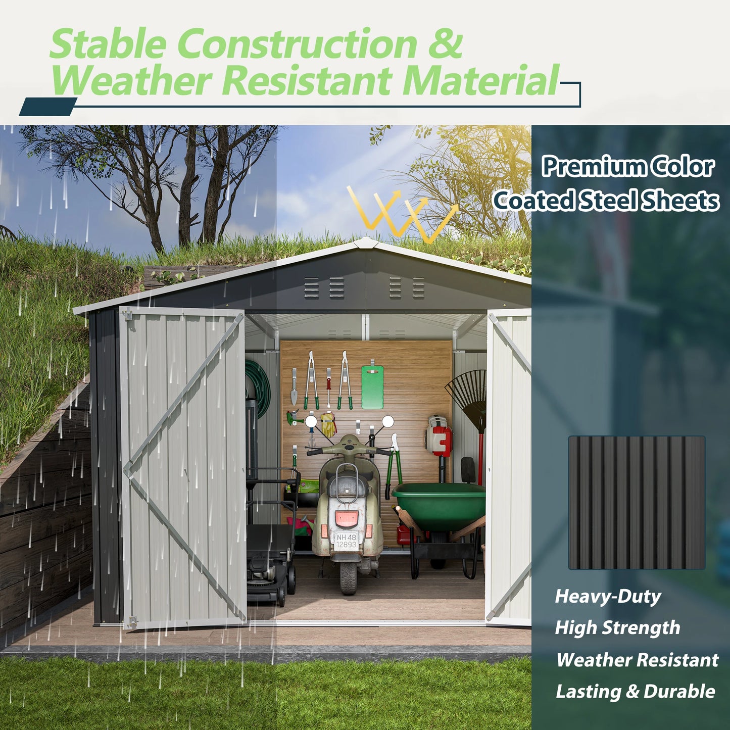 LZBEITEM Outdoor Storage Shed 10x10 FT, Utility Metal Tool Storage with Lockable Doors and Updated Frame Structure, Black