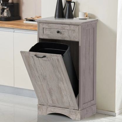 13 Gallons Tilt Out Trash Cabinet Freestanding Kitchen Trash Bin Cabinet Wood Garbage Recycling Cabinet with Hideaway Drawer Pet