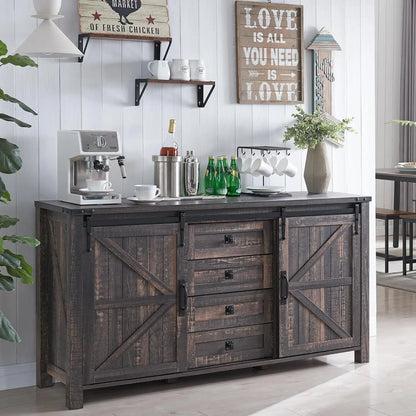 Farmhouse Sideboard Buffet Cabinet with Storage, 60" Large Kitchen Cabinet w/Sliding Barn Doors and 4 Drawers, 31.2'' Tall Wood