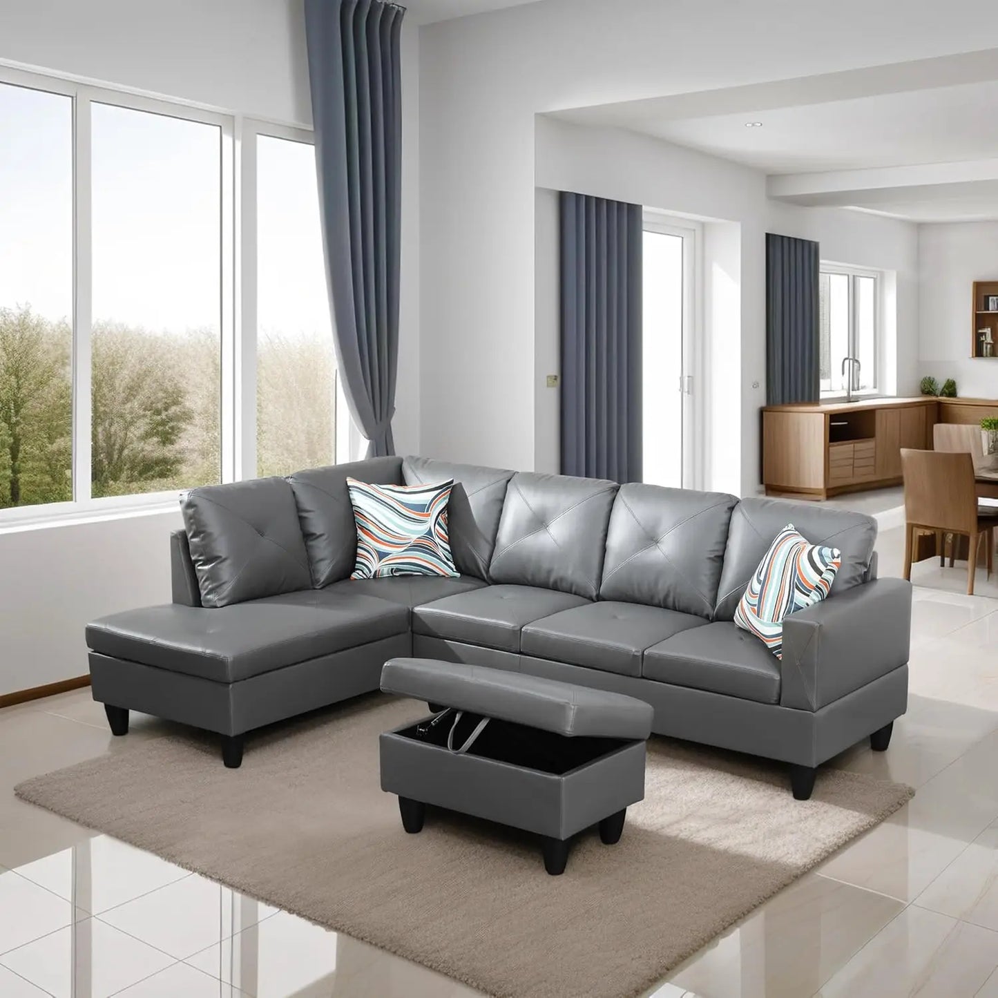 Sectional Sofa Couch,97" Modern 6-Seaters Living Room Sets with Left Facing Chaise Lounge, Movable Ottoman & 2 Pillows L Shaped