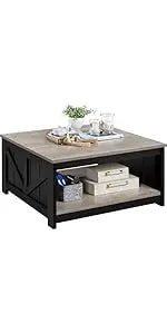 coffee Table with Hidden Compartment and Storage Shelf, Rising Tabletop Dining Table for Living Room Reception Room, 47.5in L, B