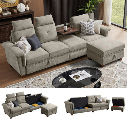 110" Convertible L-Shaped Sectional Sofa | 4-Seat Couch with Ottoman, Storage & Cup Holders